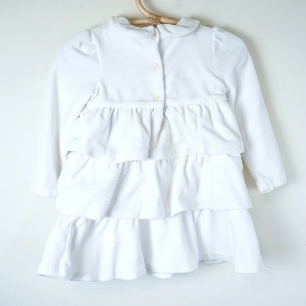 Ralph Lauren Tiered Velour Dress‎ Baby 12M White Long Sleeve Ruffle Pony Logo